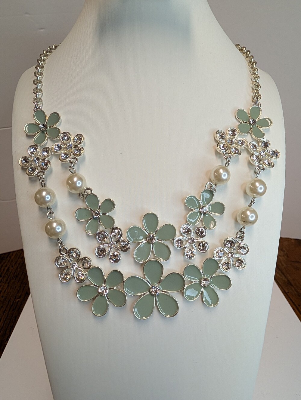 Statement Mint Flower Necklace with Pearls and Crystals